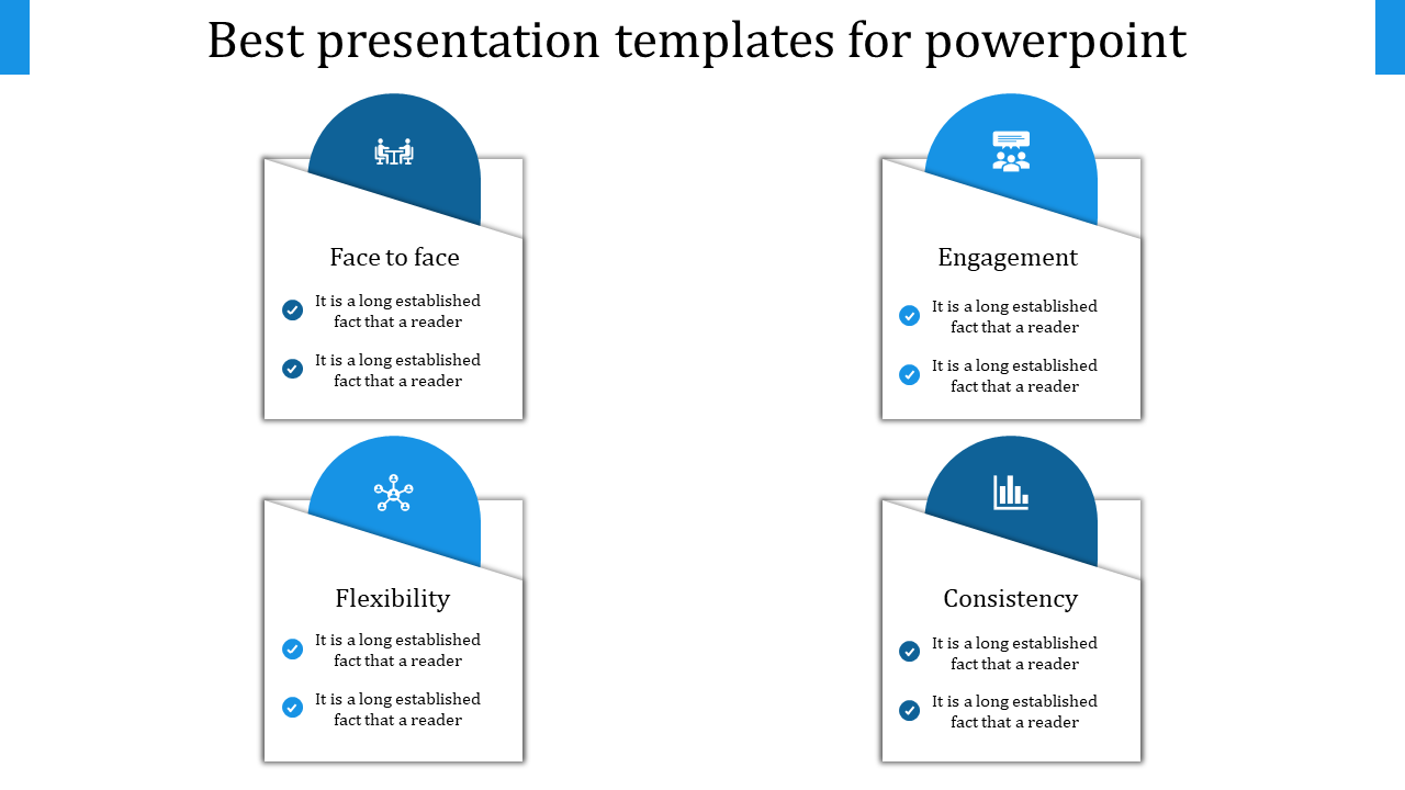 Slide featuring four white cards with blue tops and icons, highlighting key points in a grid format.