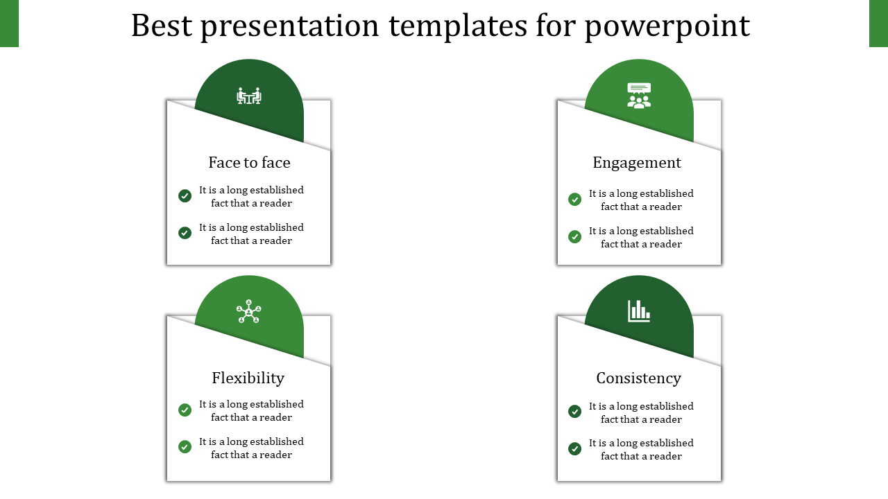 Slide infographic with four tilted rectangular cards, each topped with a green semicircle containing an icon and a title.