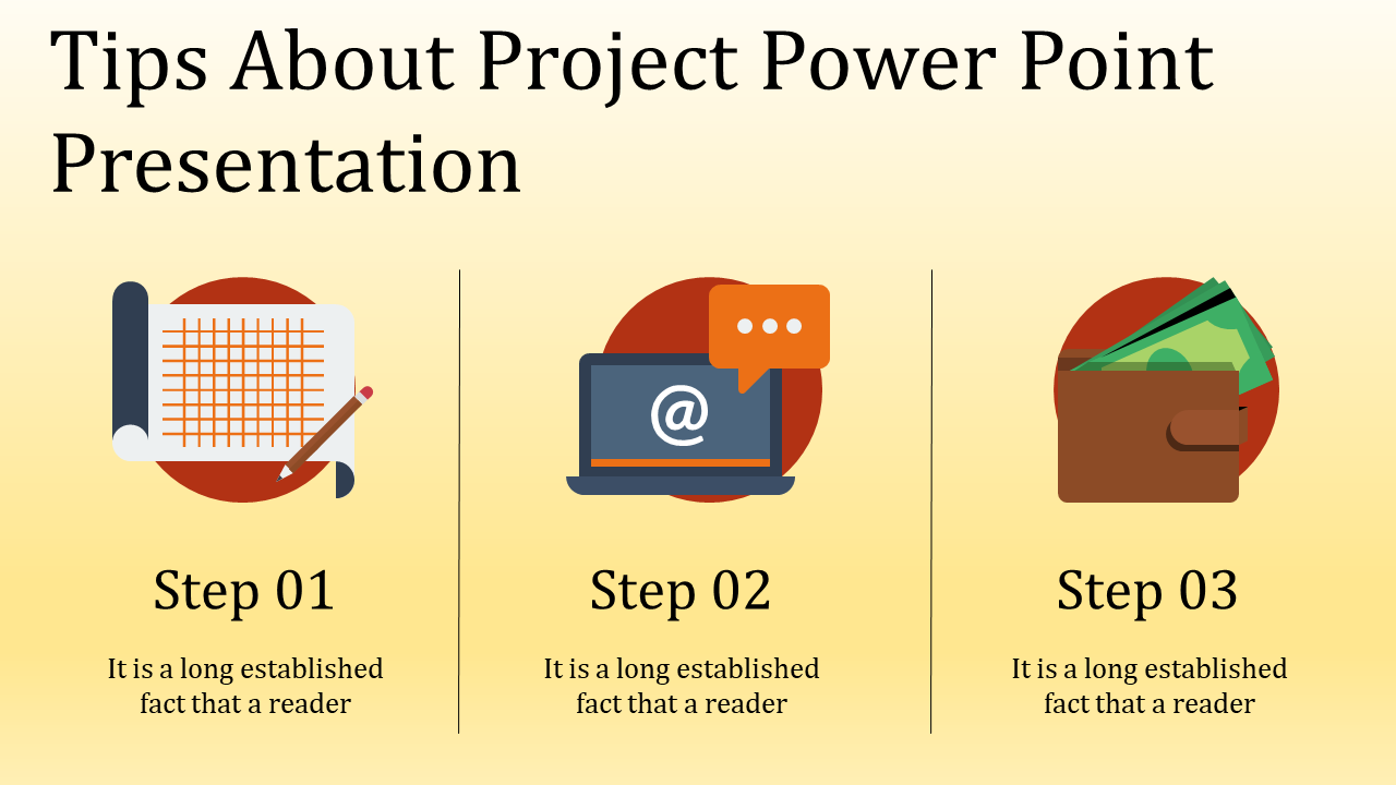 Project PPT slide displaying steps with a plan sheet, email communication, and financial wallet icons with captions.