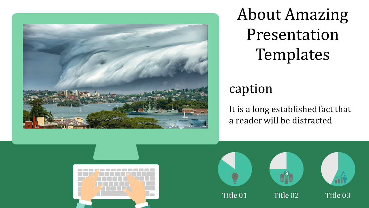 Computer screen displaying dramatic storm clouds over a cityscape, with analysis charts below and a typing hand illustration.
