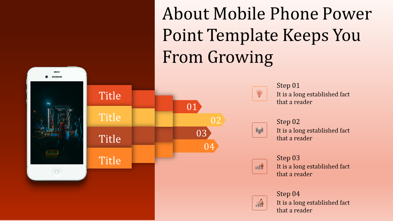 Mobile phone display showing a market scene, accompanied by step by step titles in a gradient design with placeholder text.