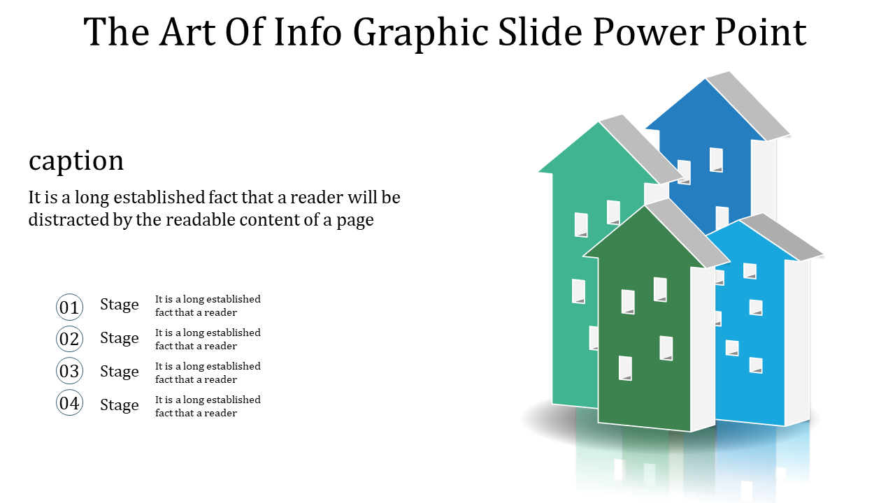 3D infographic layout featuring blue and green upward pointing arrows resembling buildings with small window shapes.