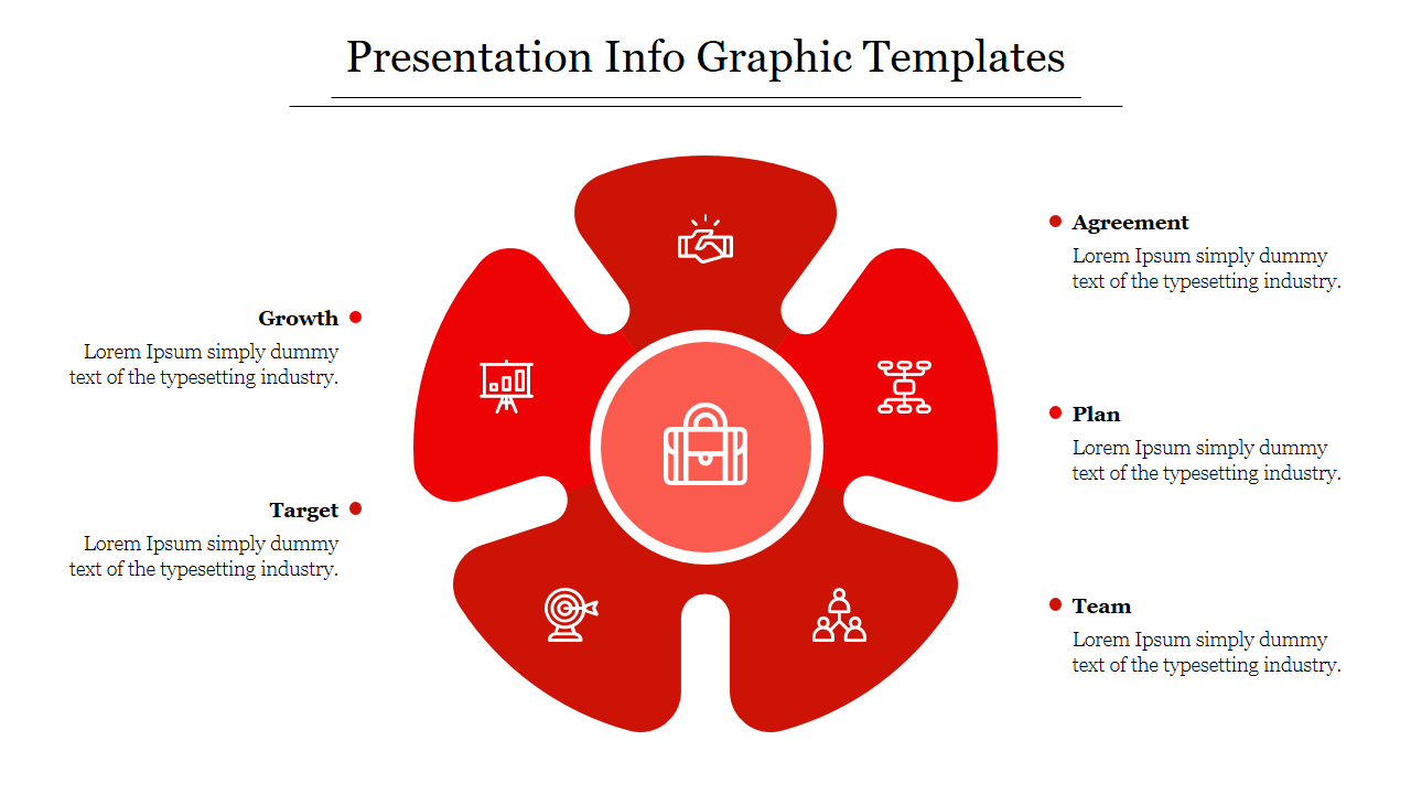 Infographic showing a red flower diagram with six sections highlighting profit, growth, target, agreement, plan, and team.
