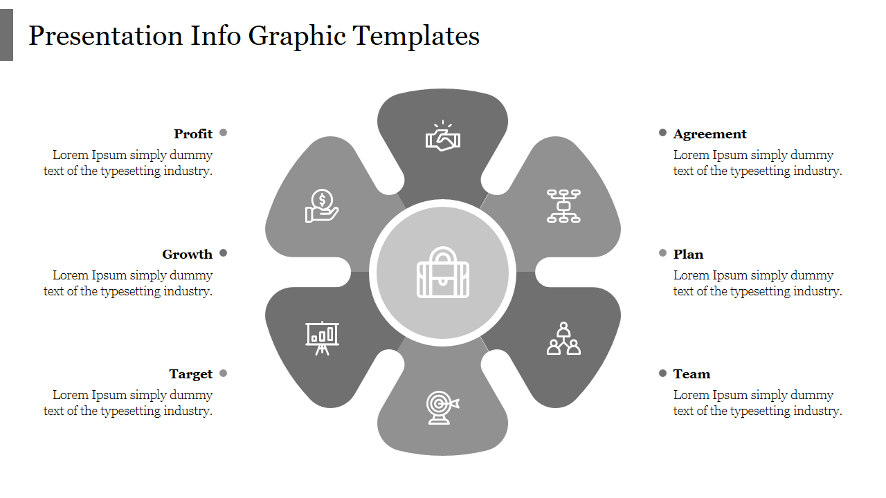Infographic slide with a central gray circle featuring a suitcase icon surrounded by six petal like shapes and captions.