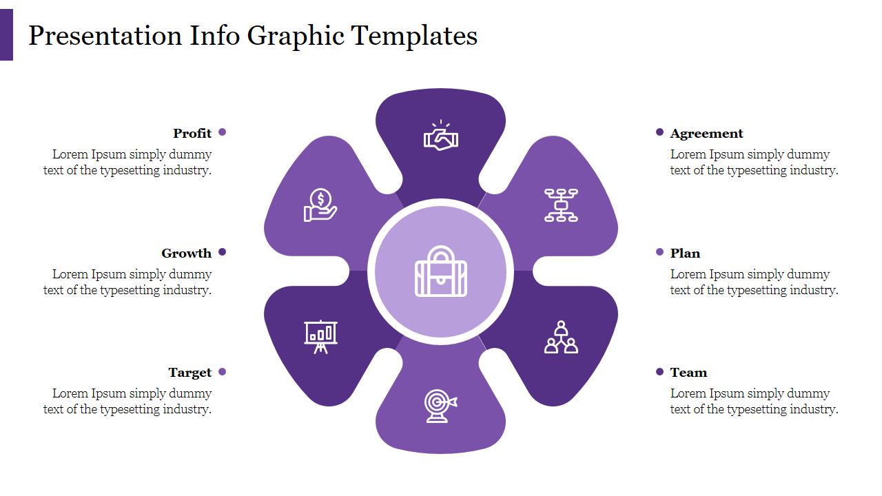Infographic PPT template with five sections arranged in a circular pattern, each containing an icon and a title.
