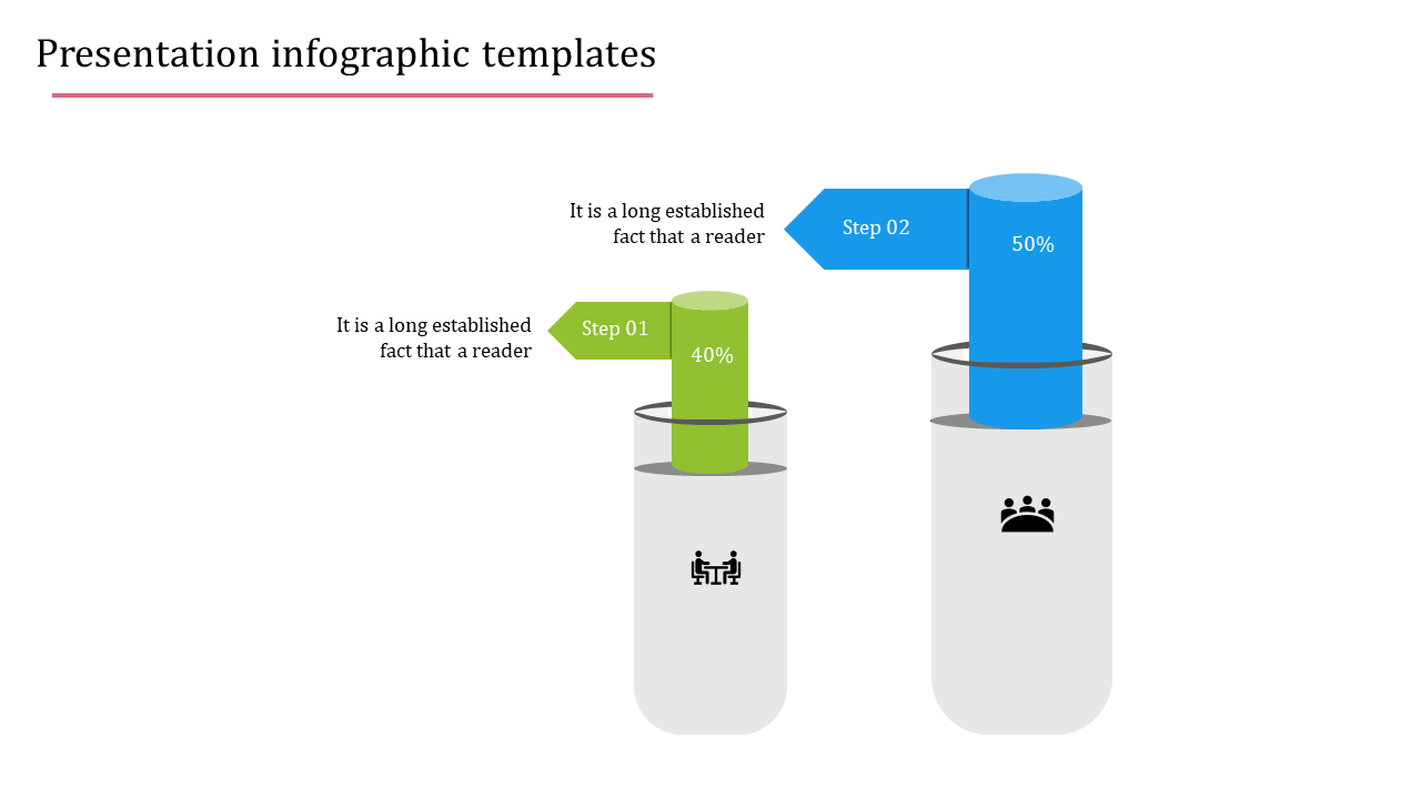 Infographic presentation template with progress bars showing steps and percentages.