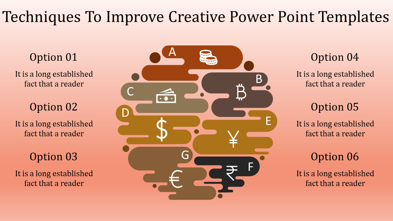 Slide with a layered abstract design in brown tones, featuring currency symbols and options on a pink gradient background.