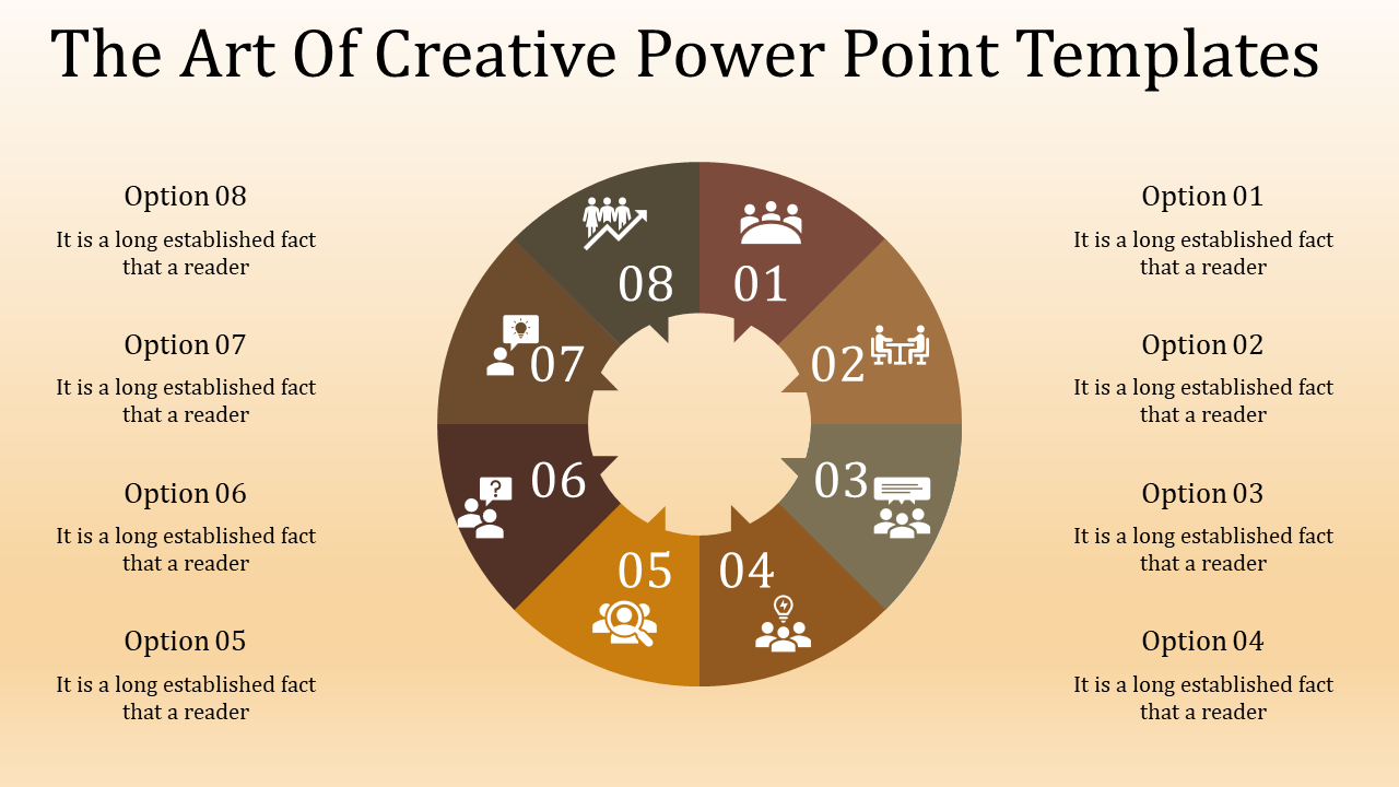 Slide with eight segments representing various creative ideas, labeled Option 01 to Option 08, in a circular format with icons.