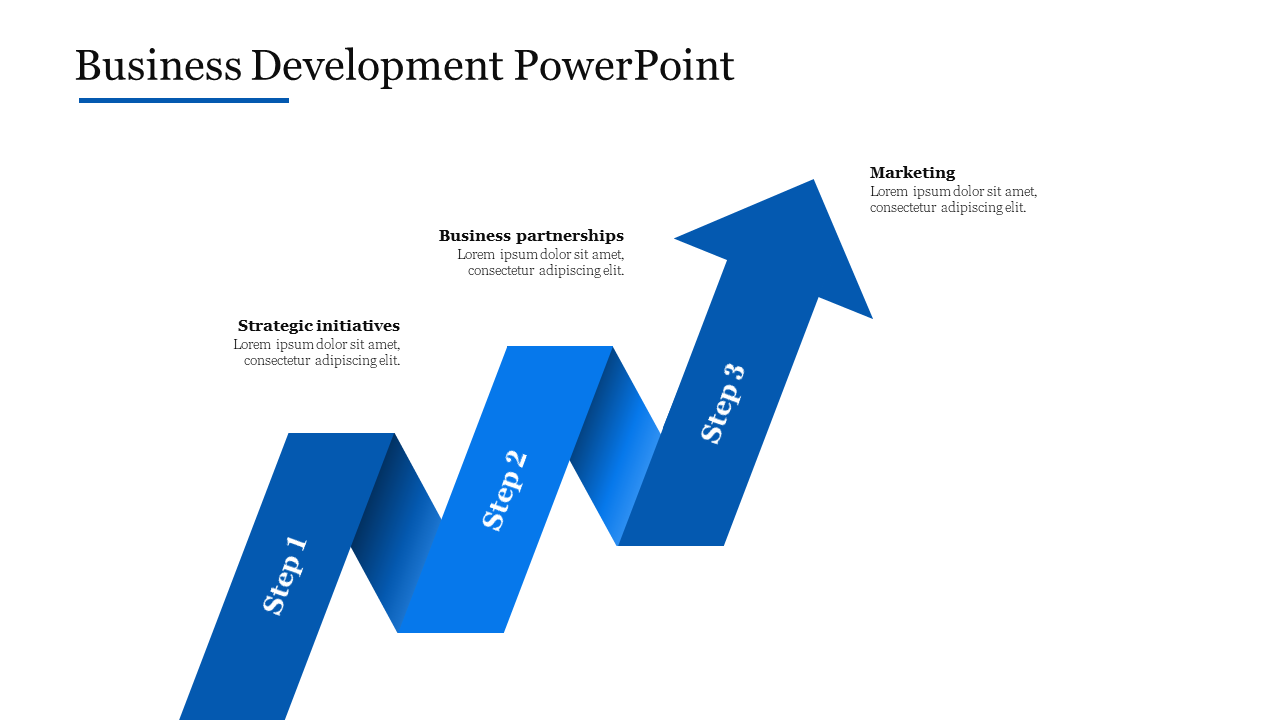 Blue zigzag arrow infographic depicting three business development steps strategic initiatives, partnerships, and marketing.