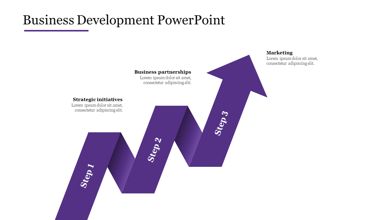 Purple ribbon infographic with steps 1 to 3 representing, arranged in an ascending zigzag design.