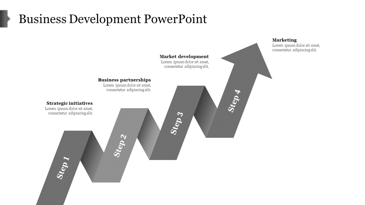Zigzag gray arrow pointing upward with four segments, representing progression in business development stages.