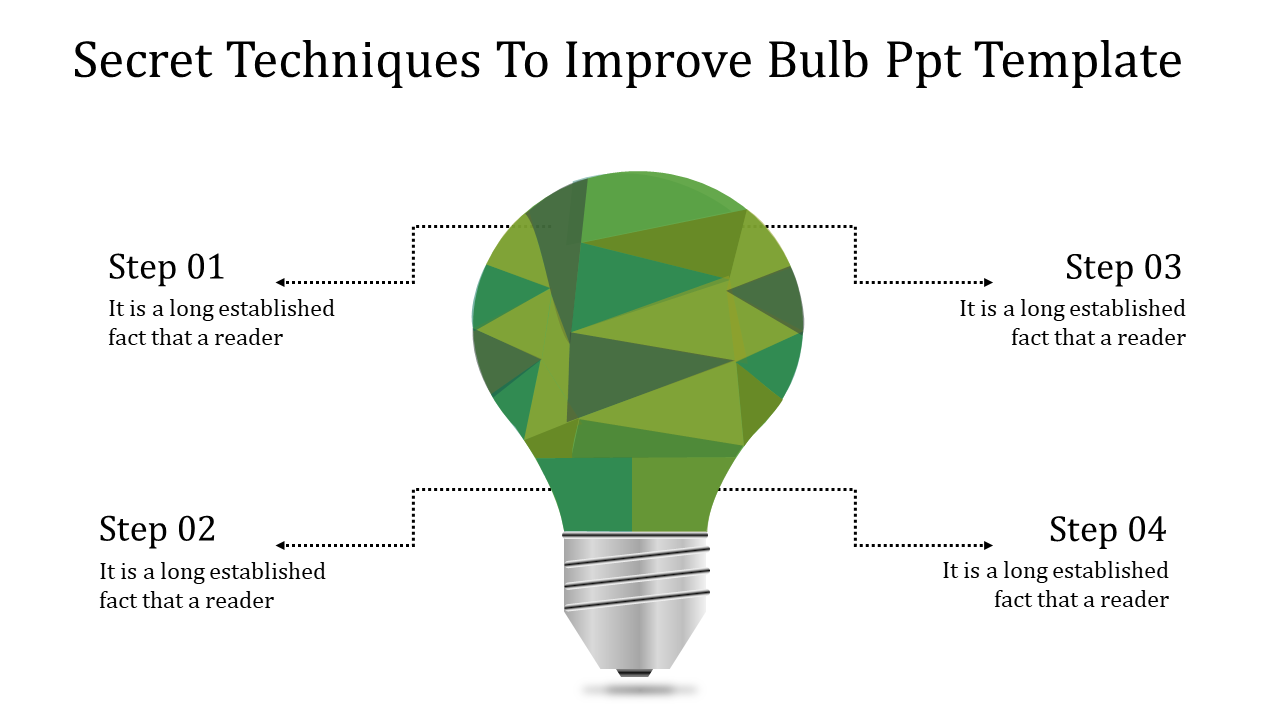 Slide featuring a bulb graphic with four dotted arrows pointing to labeled steps, each accompanied by text.