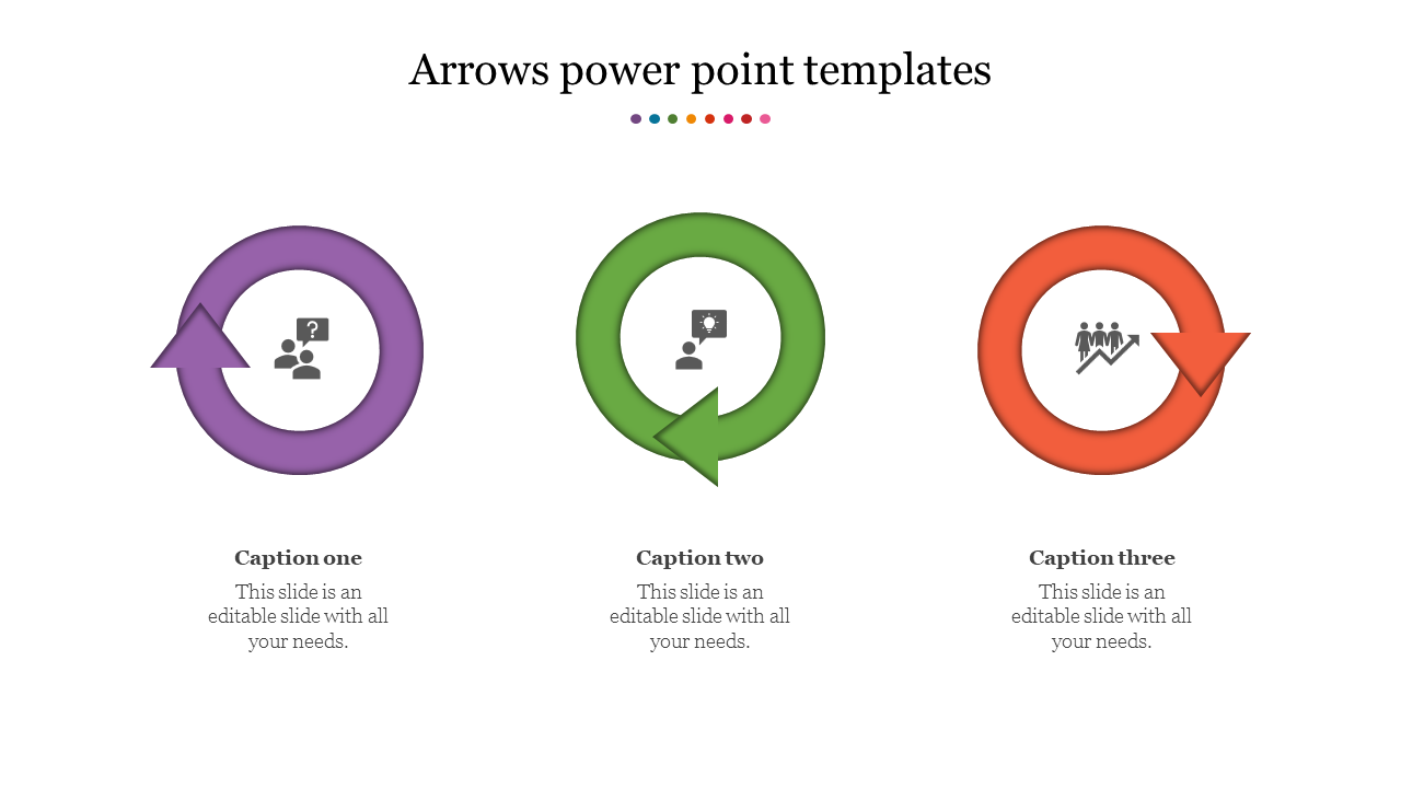 Three circular arrow diagrams in purple, green, and orange, each featuring unique icons and captions.