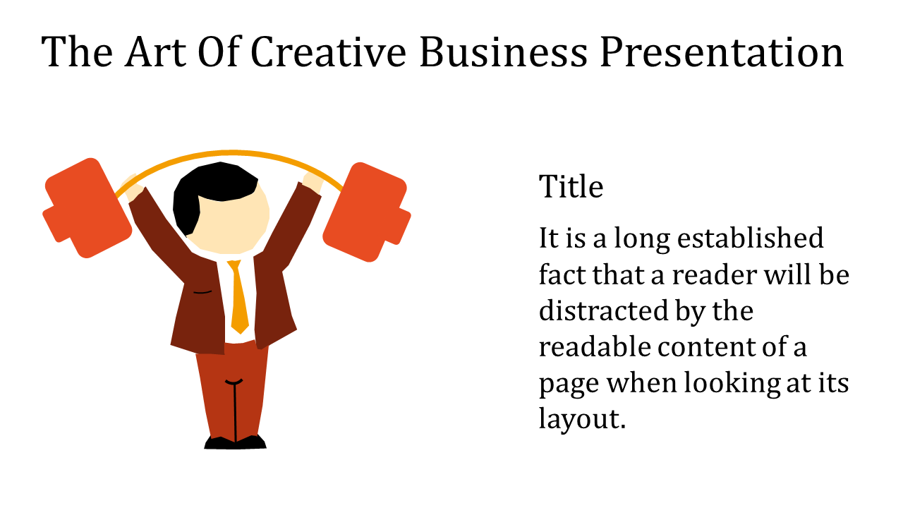 Cartoon businessman in a suit holding a barbell with orange weights, accompanied by a title and placeholder text areas.