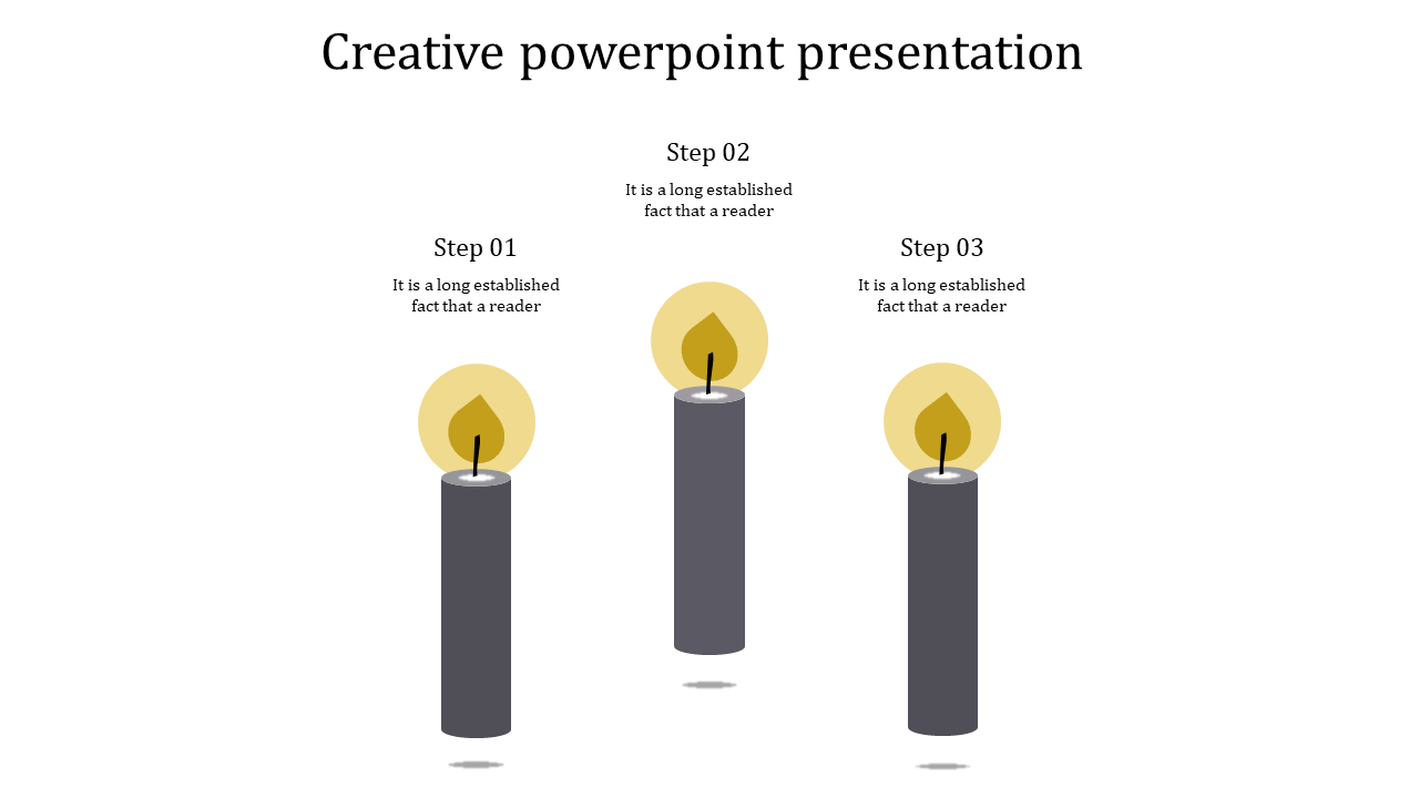 Creative slide showcasing three vertical gray candles labeled Step 01, Step 02, and Step 03 in white backdrop.
