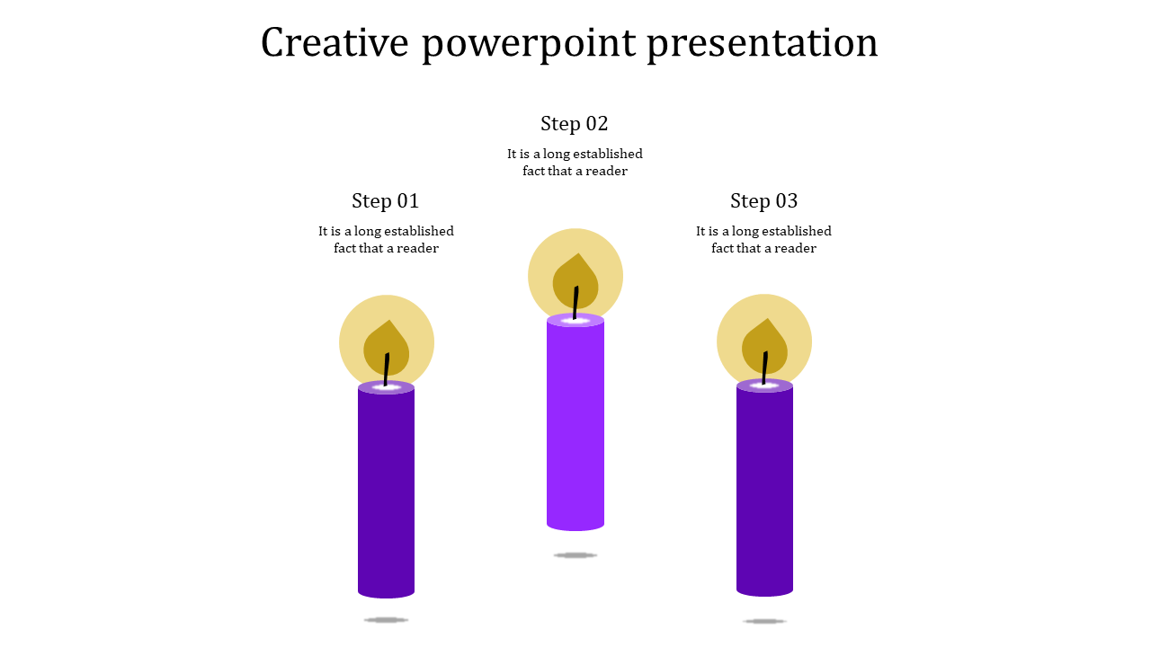 Creative PPT slide with three vertical purple candles representing steps 1, 2, and 3, each with a flame and text above.