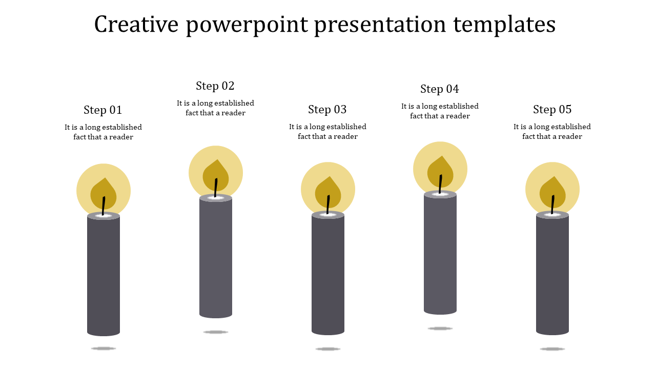 Creative PPT slide with five gray candles representing steps 1 to 5, each with a glowing flame and placeholder captions.