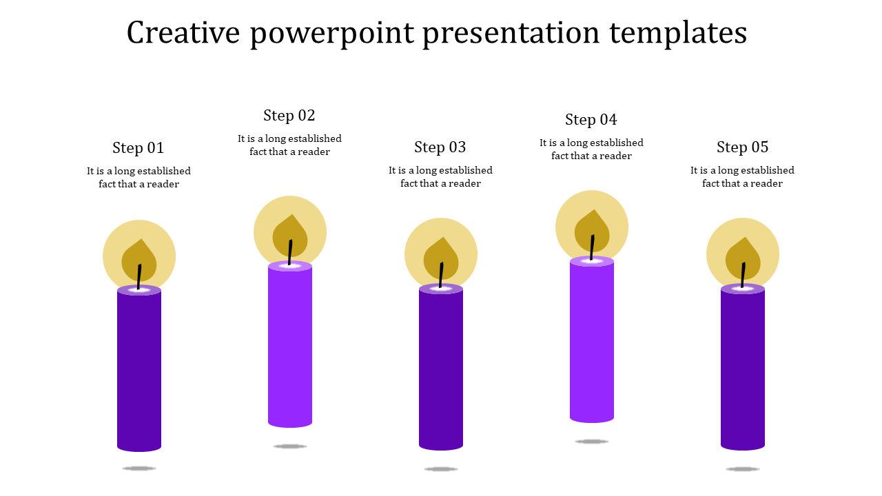 Creative PPT slide with five purple candles representing steps 1 to 5, each with a glowing flame and placeholder captions.