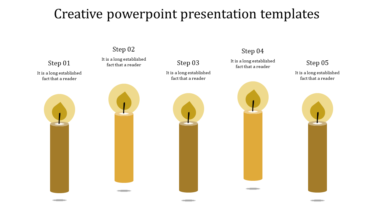 Creative slide with five candles in different shades of yellow, each representing a step on a white background.