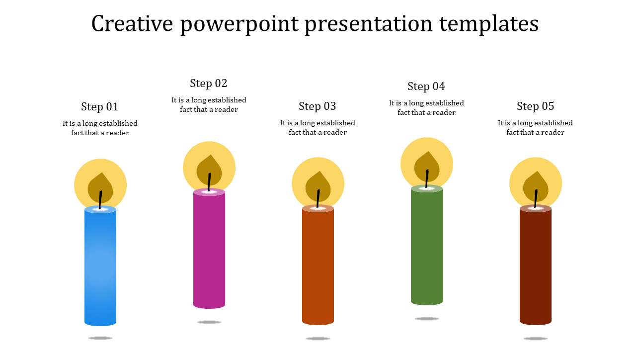 Minimalist creative process diagram with five candle icons, each in a different color, arranged in a row under labeled steps.
