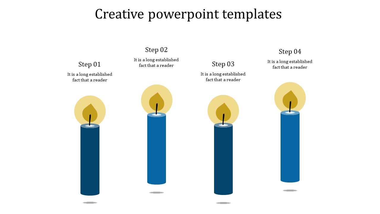 Creative slide with four vertical candles, each lit with a flame and aligned under step numbers and placeholder text.