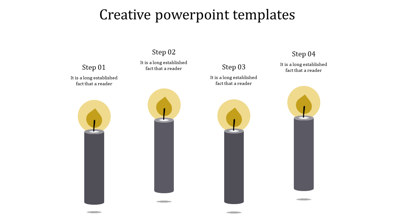 Creative slide with four candles in different shades of gray, each representing a step on a white background.