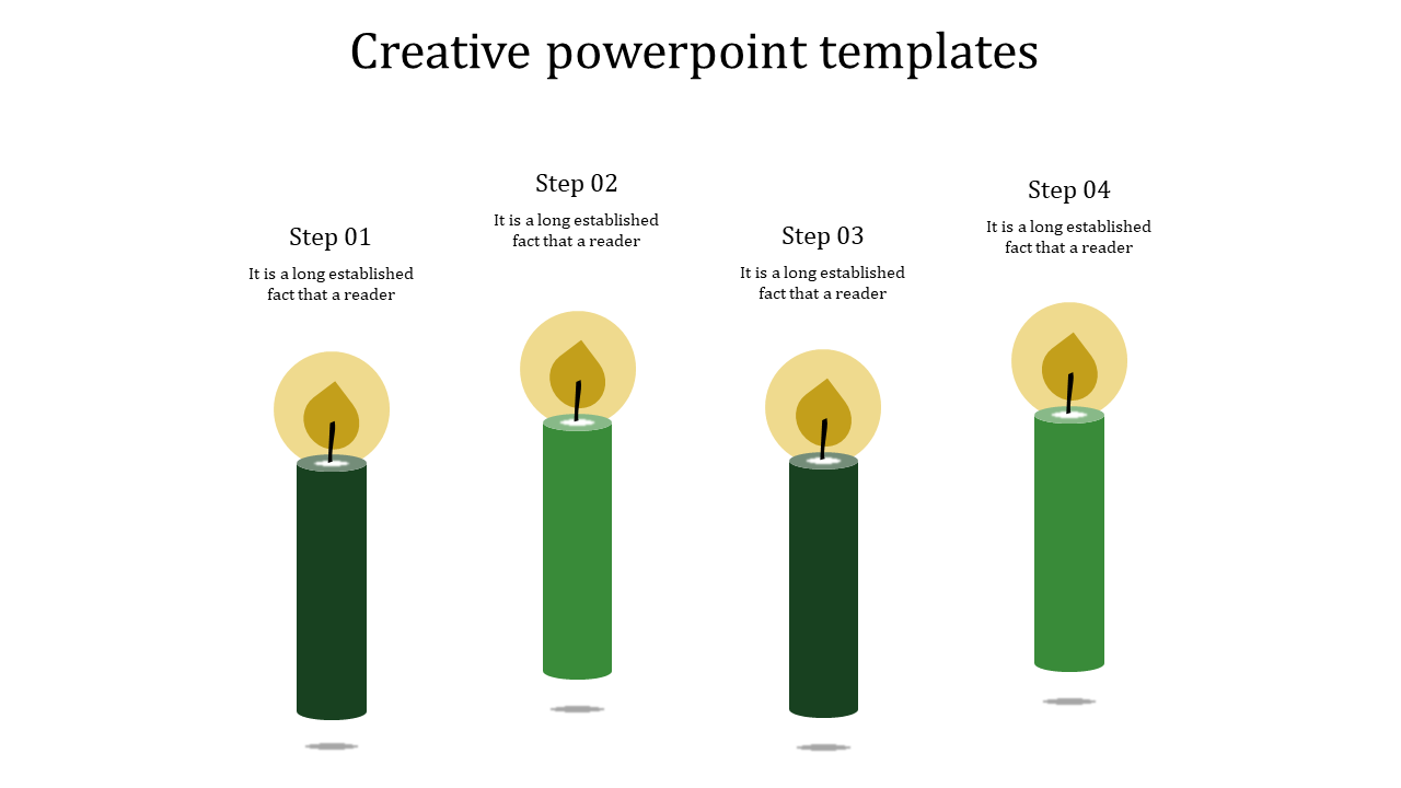 Creative PowerPoint slide with four green candles representing steps 1 to 4, each with a flame and placeholder captions.