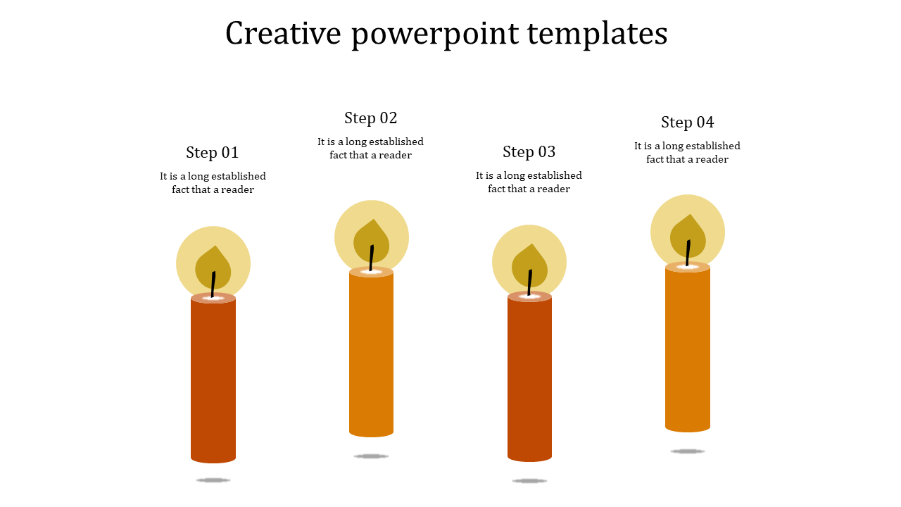 Creative slide with four vertical orange candles, each lit with a flame and aligned under step numbers and placeholder text.