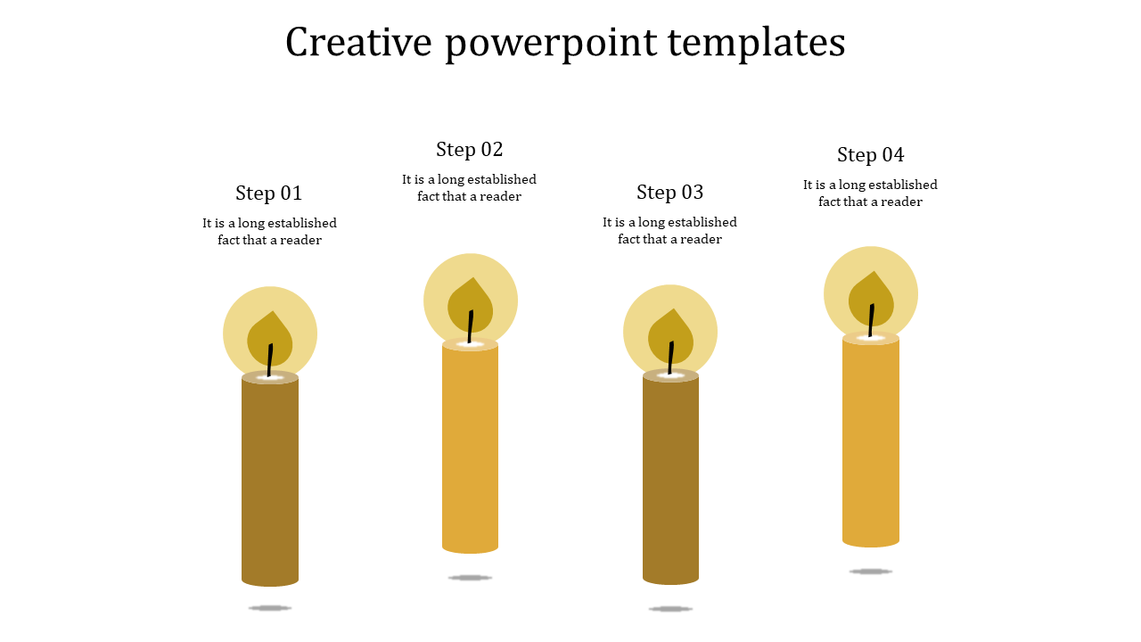 Creative PowerPoint slide with four yellow candles representing steps 1 to 4, each with a flame and placeholder captions.