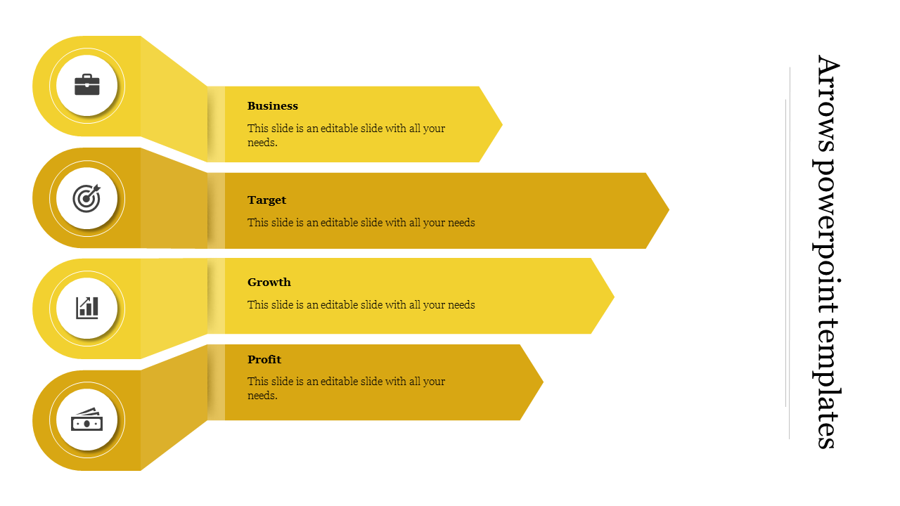 Horizontal arrows with icons and labels for business, target, growth, and profit, arranged in a stacked layout.