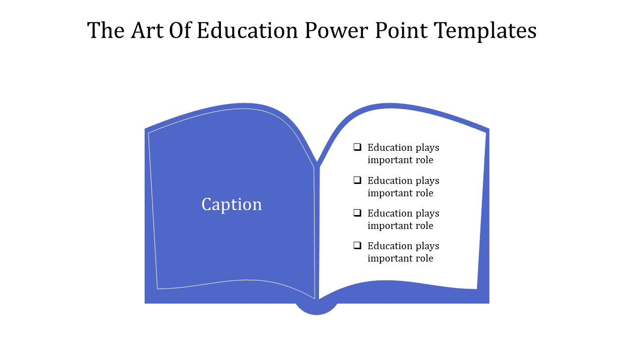 Open book illustration in blue with a caption on the left and a bulleted list on the right, under an education theme.