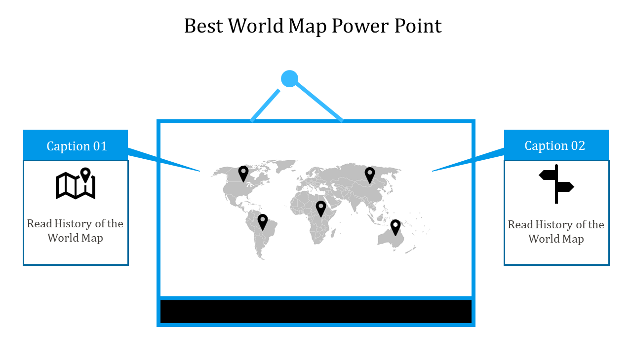 Gray world map with black location pins, two caption boxes on both sides, and a blue bordered central frame.