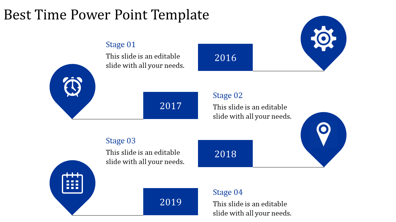 Time PPT slide featuring four stages with icons representing time, settings, calendar, and location with corresponding years.