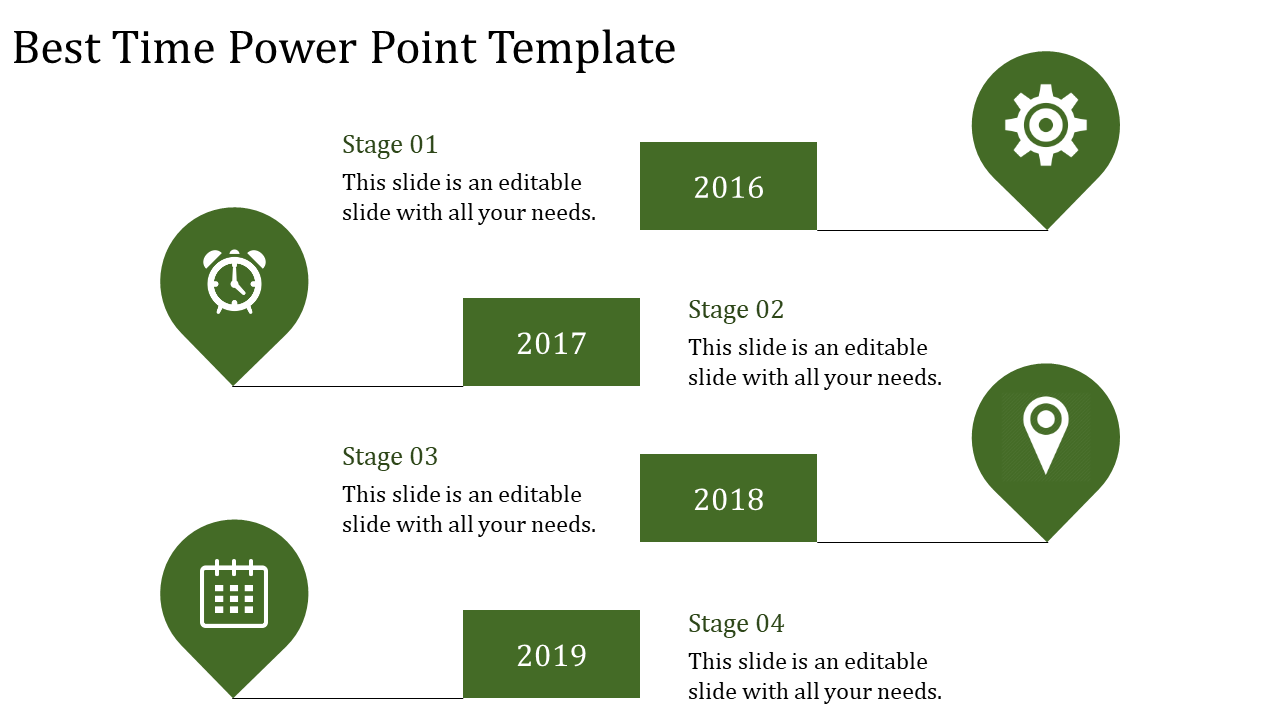 Time PPT slide with four stages, featuring green icons for time, settings, calendar, and location, with corresponding years.
