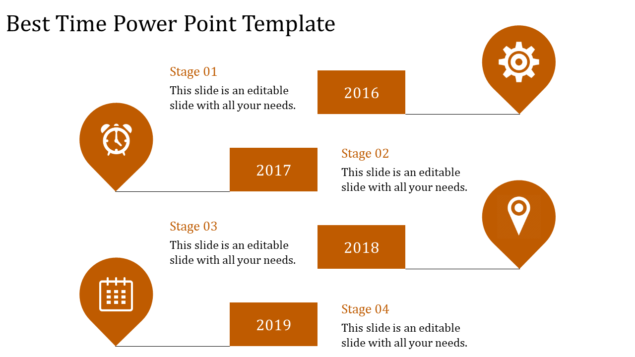 Time PPT slide featuring four stages with orange icons representing time, settings, calendar, and location, with years.
