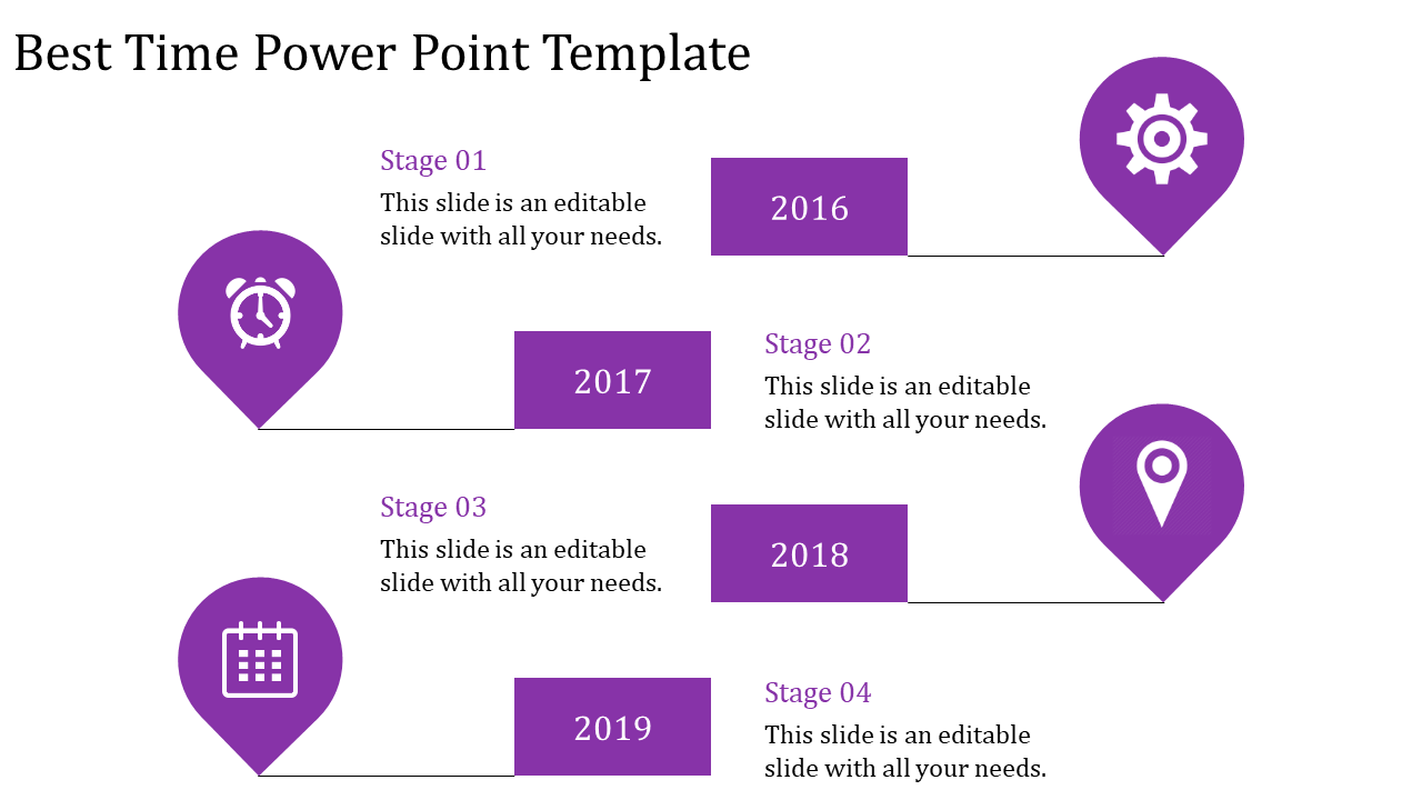 Time PPT slide with four stages, featuring purple icons for time, settings, calendar, and location, with corresponding years.