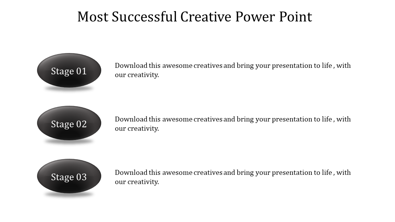 Three stage creative layout with black oval buttons labeled Stage 01 to Stage 03 and corresponding text on the right.