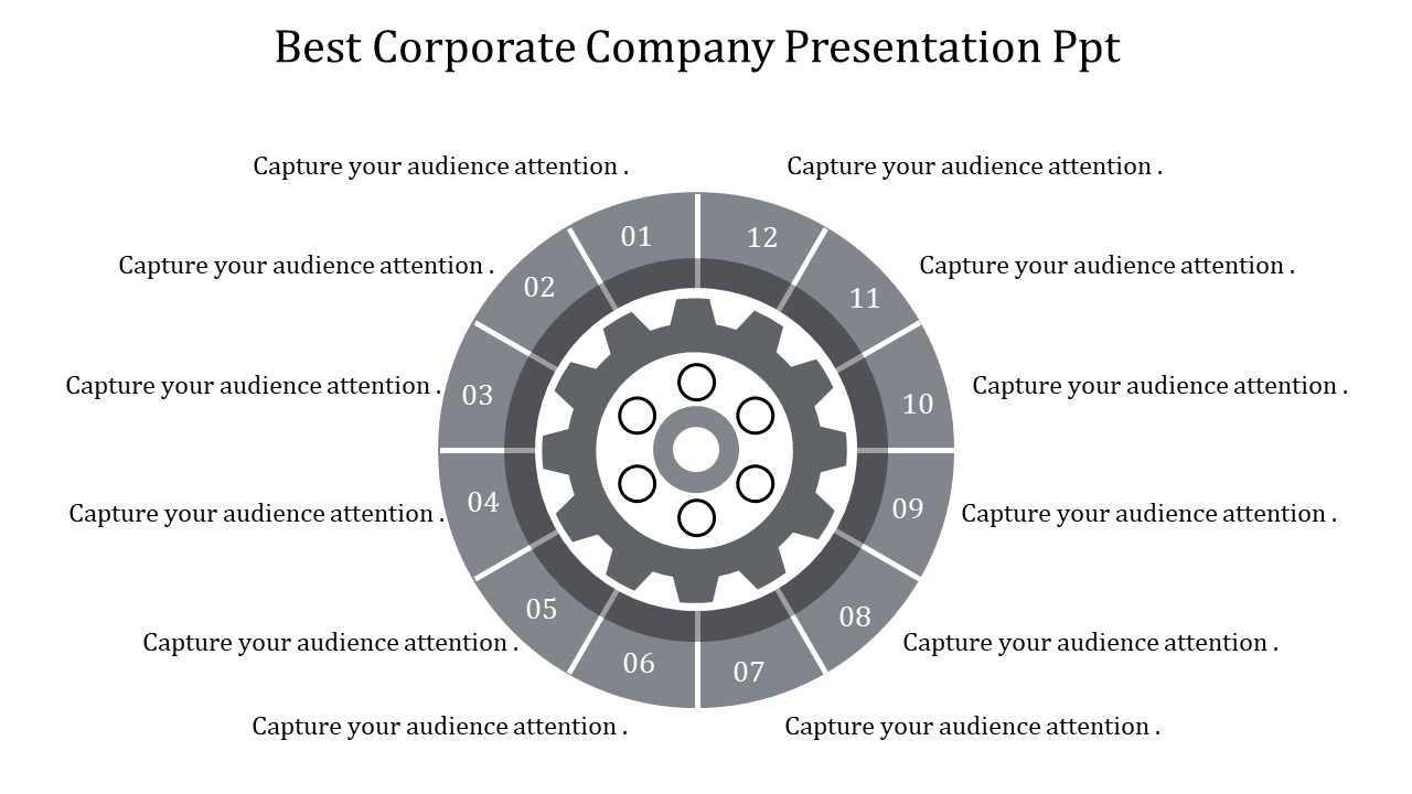 Corporate presentation PowerPoint template featuring a circular gear design with 12 sections, each for adding content.
