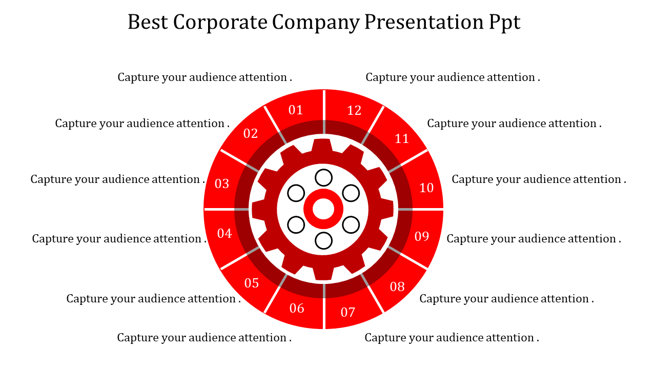 Corporate PowerPoint presentation template with a central red gear graphic and 12 surrounding sections for content.