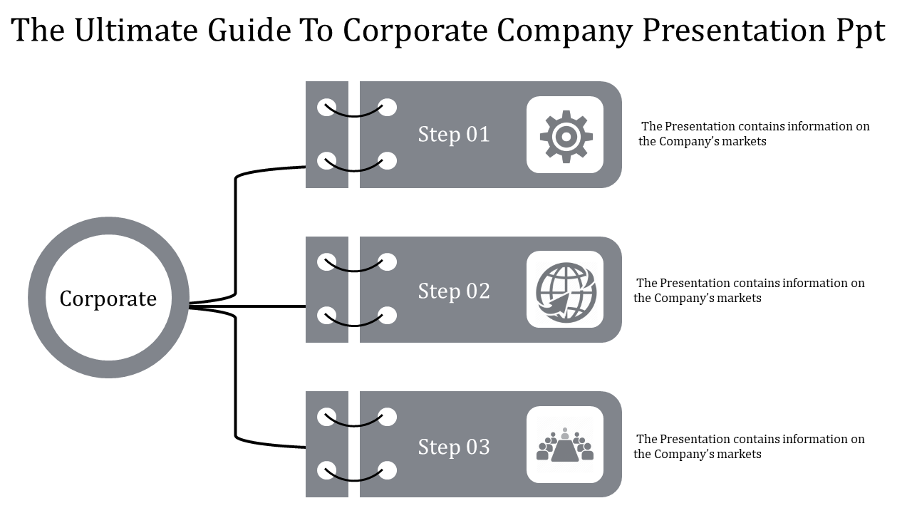 Corporate diagram in grey theme with three connected steps, each featuring icons and with placeholder text areas.