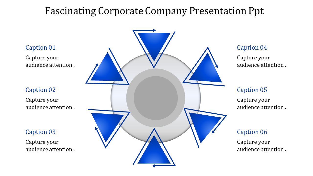 Infographic featuring a gray circle at the center with six blue triangles and captions in a circular arrangement.
