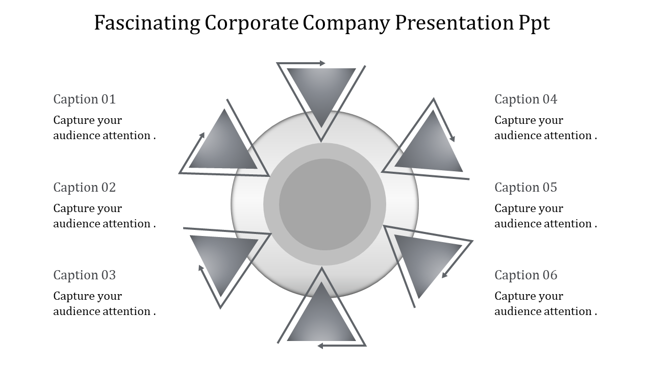 Corporate company slide with a central circle surrounded by six gray triangles with  arrows and placeholder text areas.