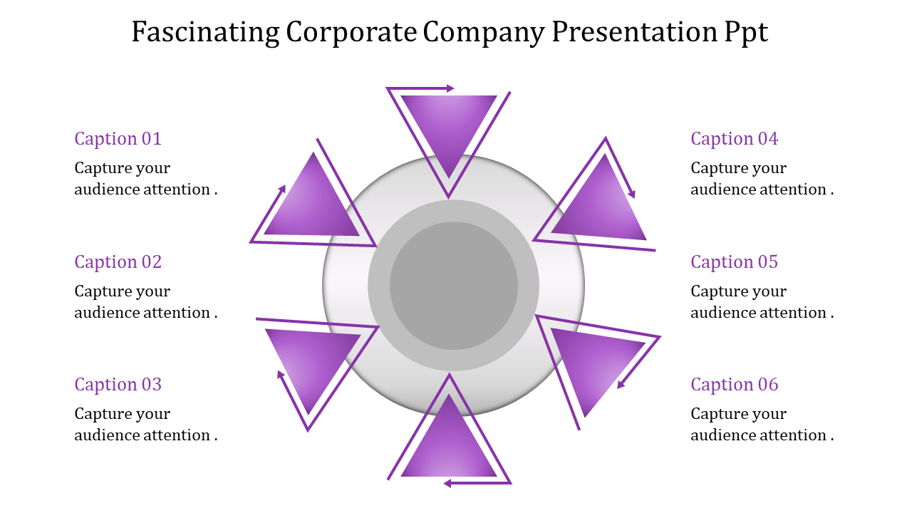 Fascinating corporate company presentation template featuring six purple arrows pointing outward with captions.