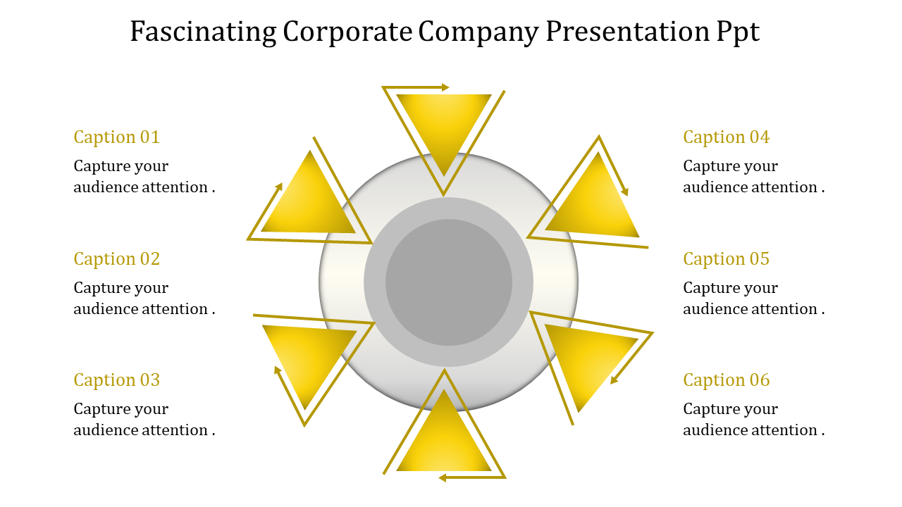 Fascinating corporate company presentation template with six yellow arrows pointing outward with captions.