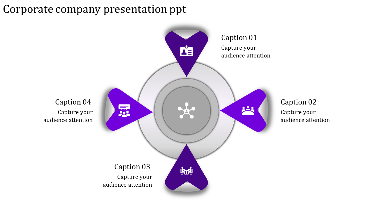 Corporate chart diagram featuring a central hub icon surrounded by four purple triangular shapes with caption areas.