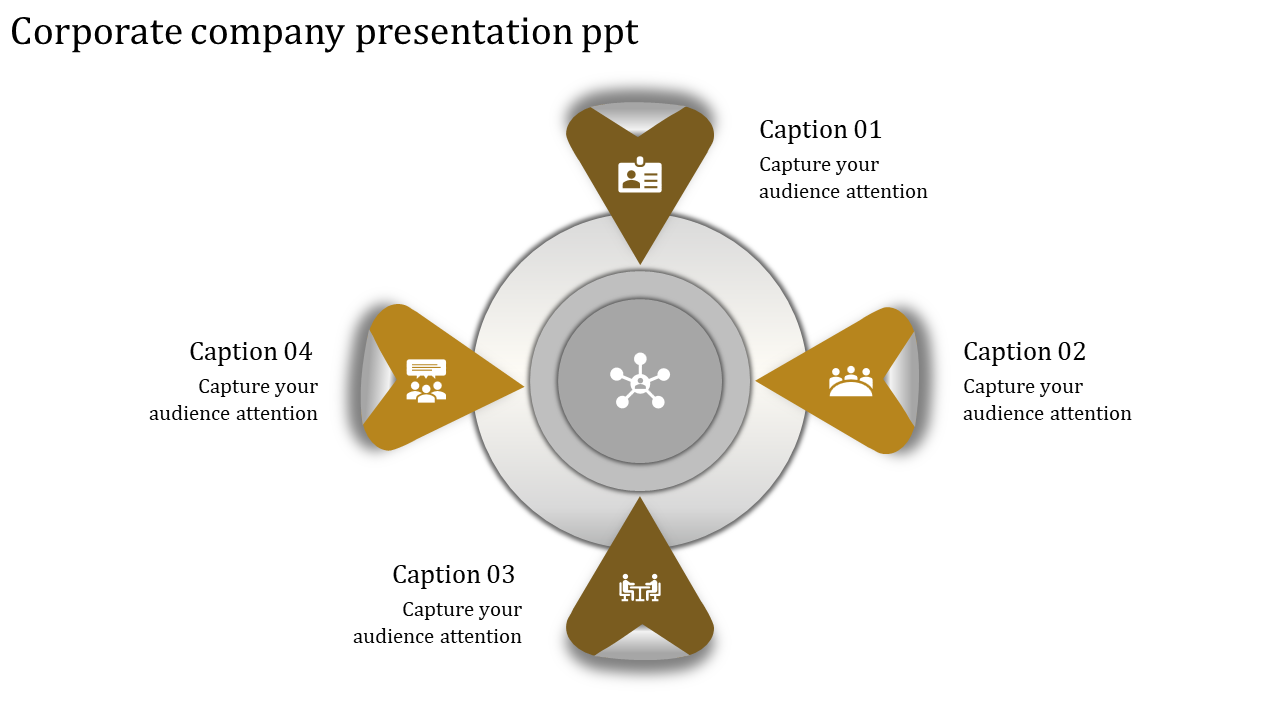 Corporate company presentation template with four directional arrows, each with an icon and caption.