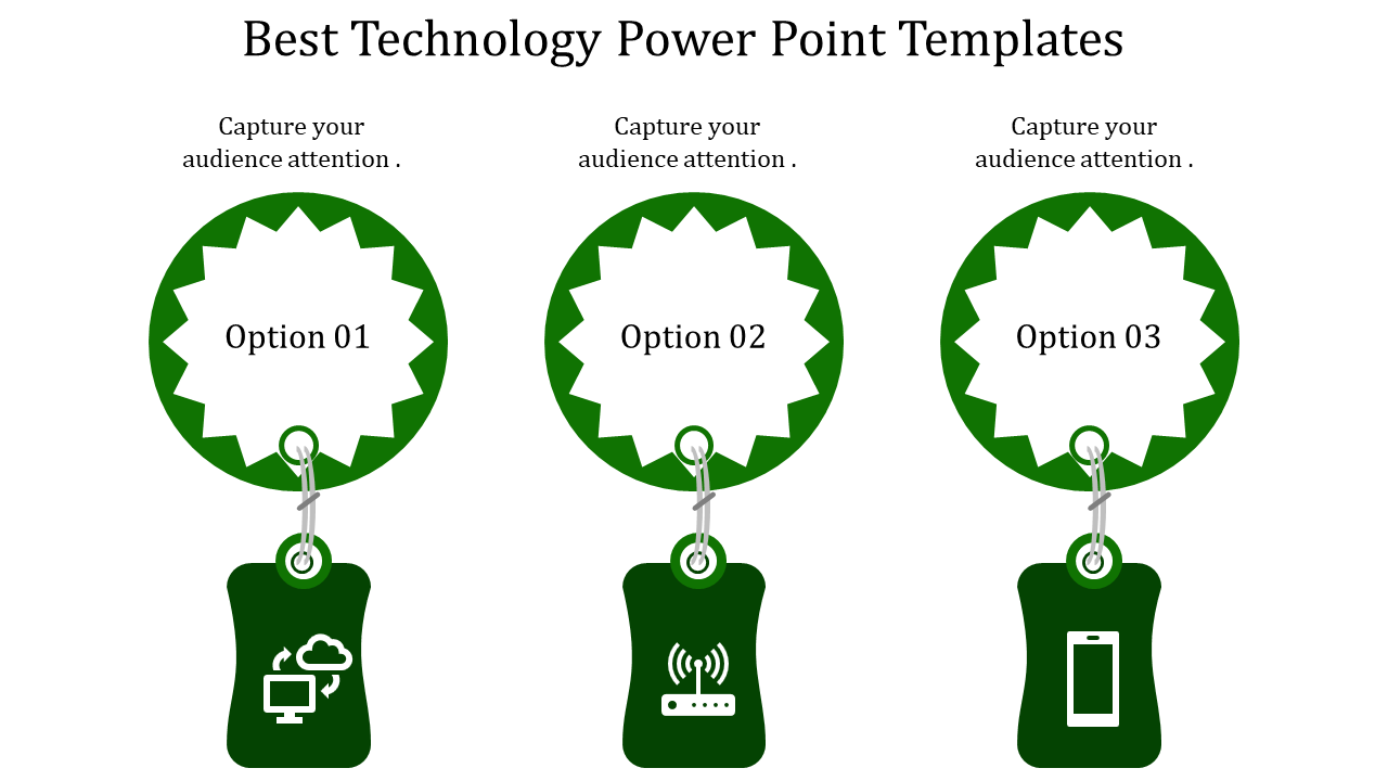 Horizontal layout featuring three jagged green circles labeled with options and connected to technology icons below.