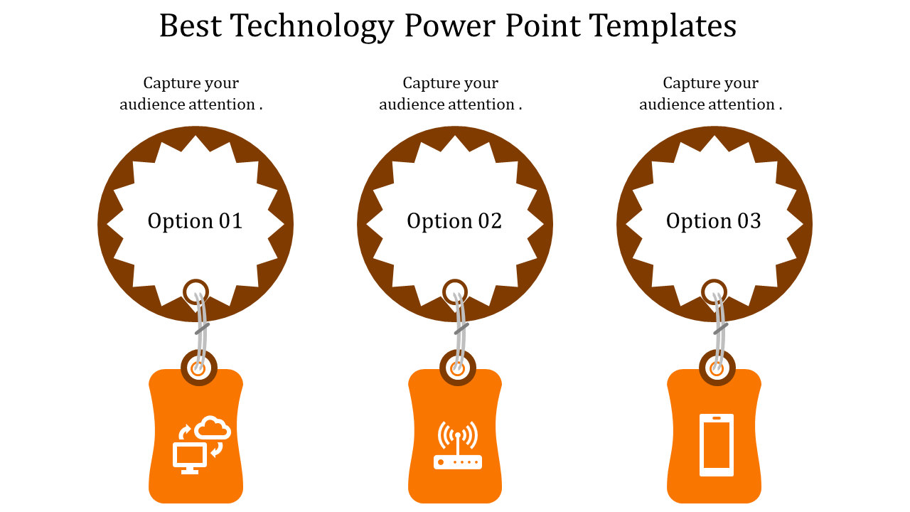 Options layout featuring circular badges with orange tags below, illustrating cloud, connectivity, and mobile technology.