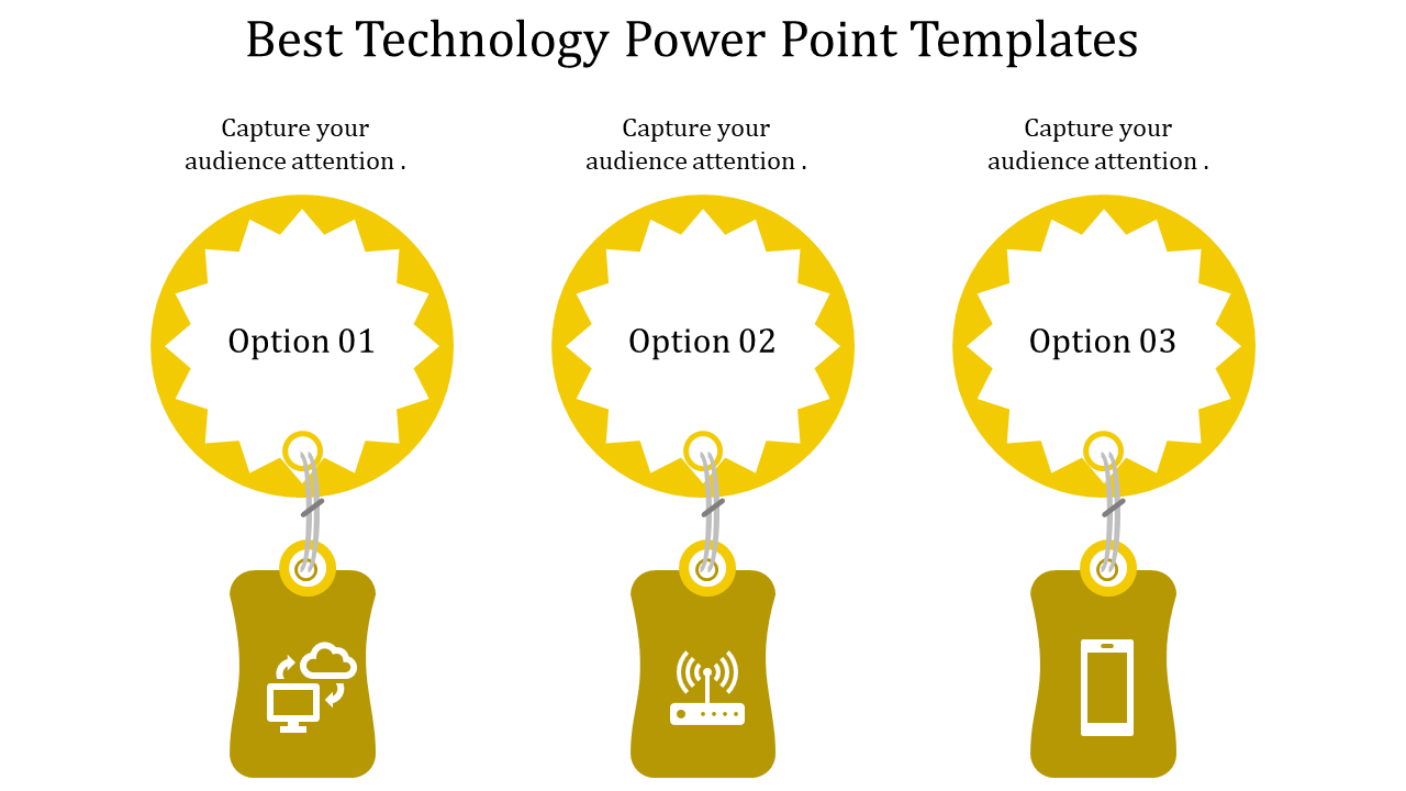 Technology PowerPoint template featuring three colored options with icons for cloud, Wi-Fi, and smartphone.