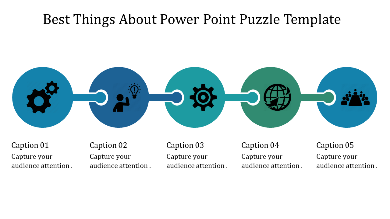 Puzzle style PowerPoint template with icons for gears, innovation, and teamwork in a timeline layout with captions.